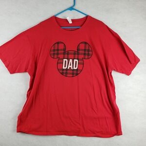 Disney Men's 2XL Plaid Mickey Dad Logo Graphic Tee Shirt Red 100% Cotton Holiday